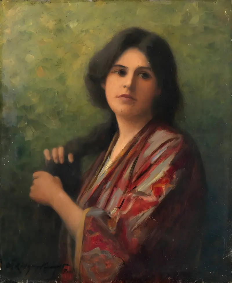 A woman lost in thought, depicted in a serene setting.
