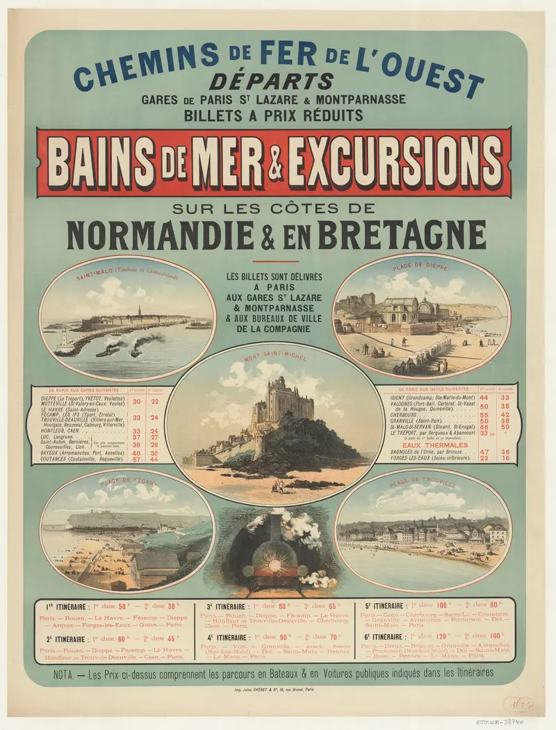 A vibrant poster by Jules Chéret promoting seaside excursions in Normandy and Brittany.