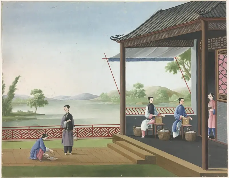 Genre scene depicting tea preparation and silk production, paper by China