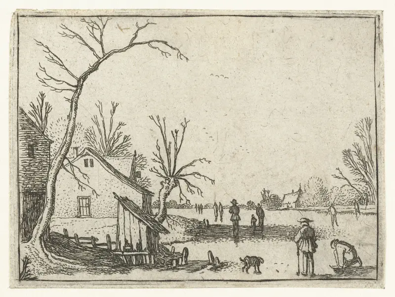 Boerderij bij bevroren rivier en schaatsers op het ijs, etching by Esaias van de Velde