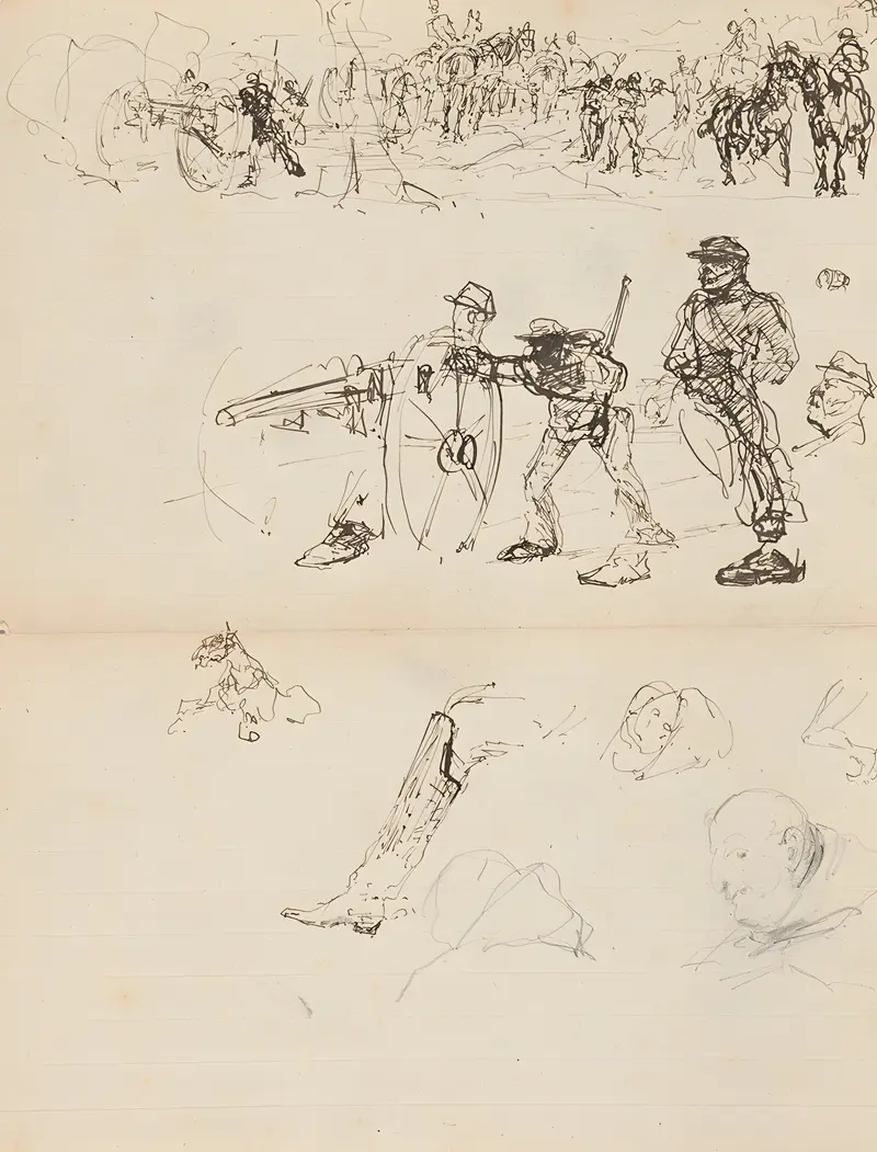 Henri de Toulouse-Lautrec's 'Manœuvres militaires et études diverses' captures military maneuvers with vibrant colors and dynamic figures.