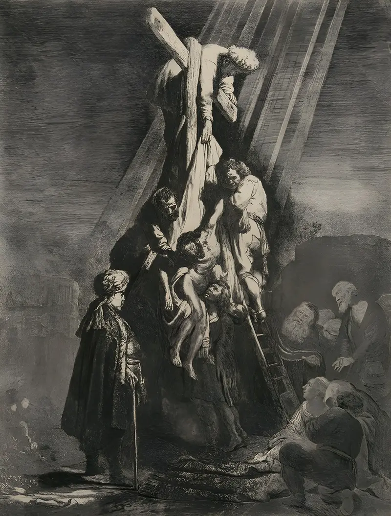 Rembrandt's 'The Descent from the Cross; Second Plate' captures a poignant moment in a religious narrative.