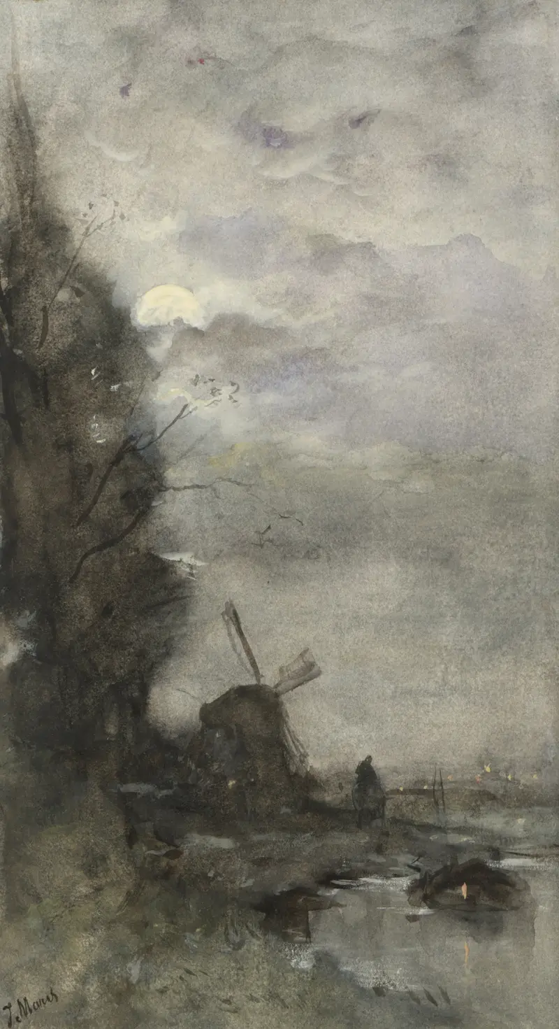 Landschap met molen bij maanlicht by Jacob Maris, oil painting of a tranquil mill under moonlight.