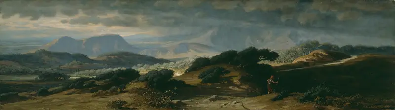 Storm in Umbria by Elihu Vedder, oil painting depicting dark swirling clouds over a landscape.