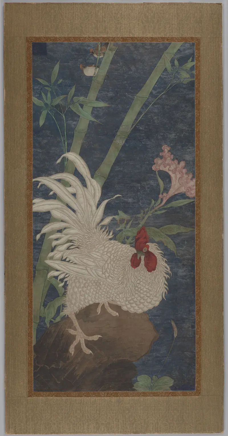 Auspicious Painting of Rooster Amidst Bamboo, silk, unknown artist