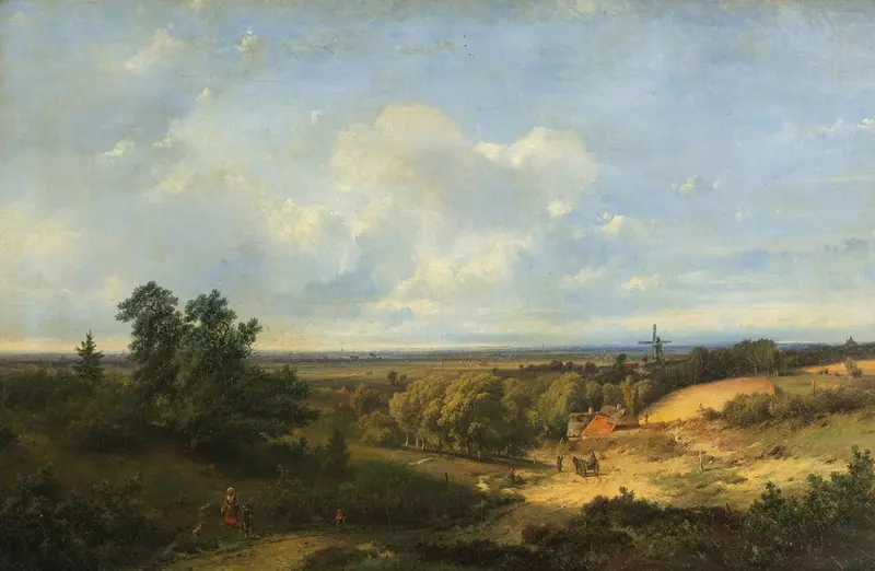 Extensive landscape with a windmill in the distance, oil painting by Pieter Lodewijk Francisco Kluyver
