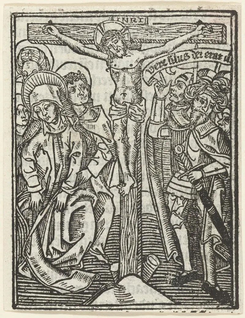 Crucifixion scene on paper by Meester van de Delbecq-Schreiber-Passie, showing Christ's sorrowful expression.