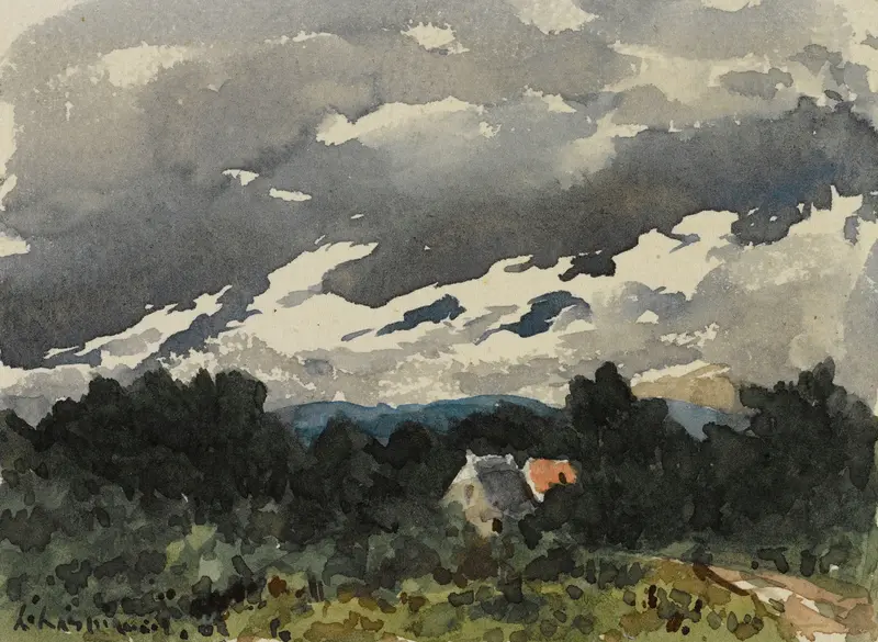 Landscape oil painting by Henri-Joseph Harpignies featuring a twilight sky with colorful clouds.