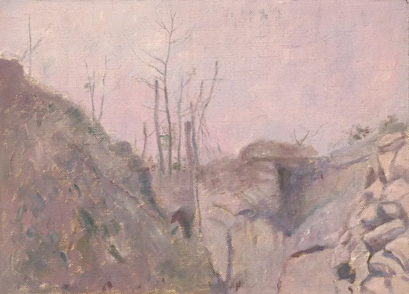 Figurative artwork depicting war and landscape by Dezider Czölder