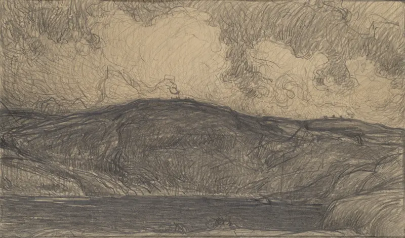 Landscape with swirling clouds and smoke by Karl Nordström, medium unknown