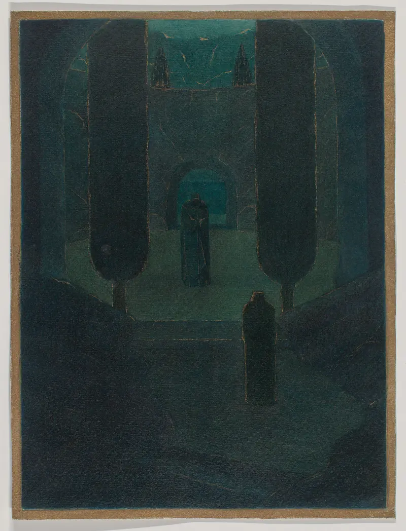 Cloaked figures in a dark garden, oil on canvas by Herbert Crowley