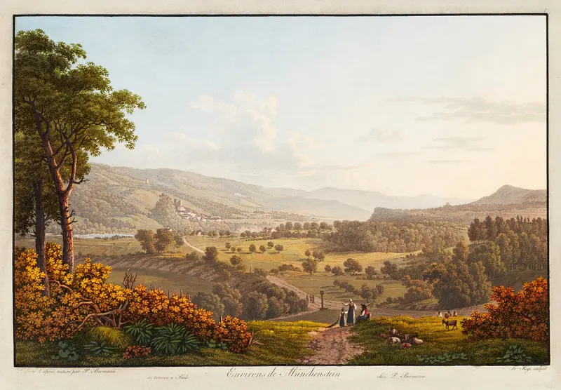 Landscape by Peter Birmann, oil painting depicting mountains and meadows.