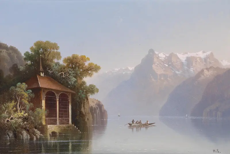 Chapel by Hubert Sattler, Romanticism, standing by a tranquil lake