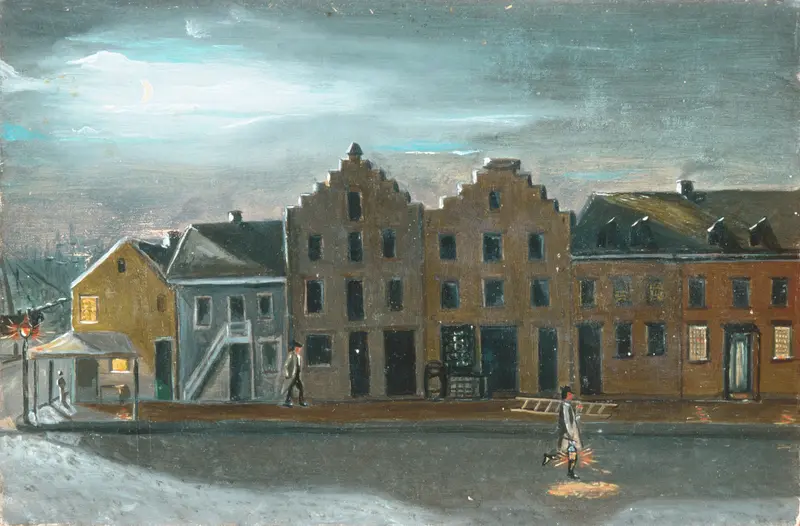 The Lamp Lighter by William P. Chappel, oil on canvas depicting a man lighting a lamp in an urban setting.