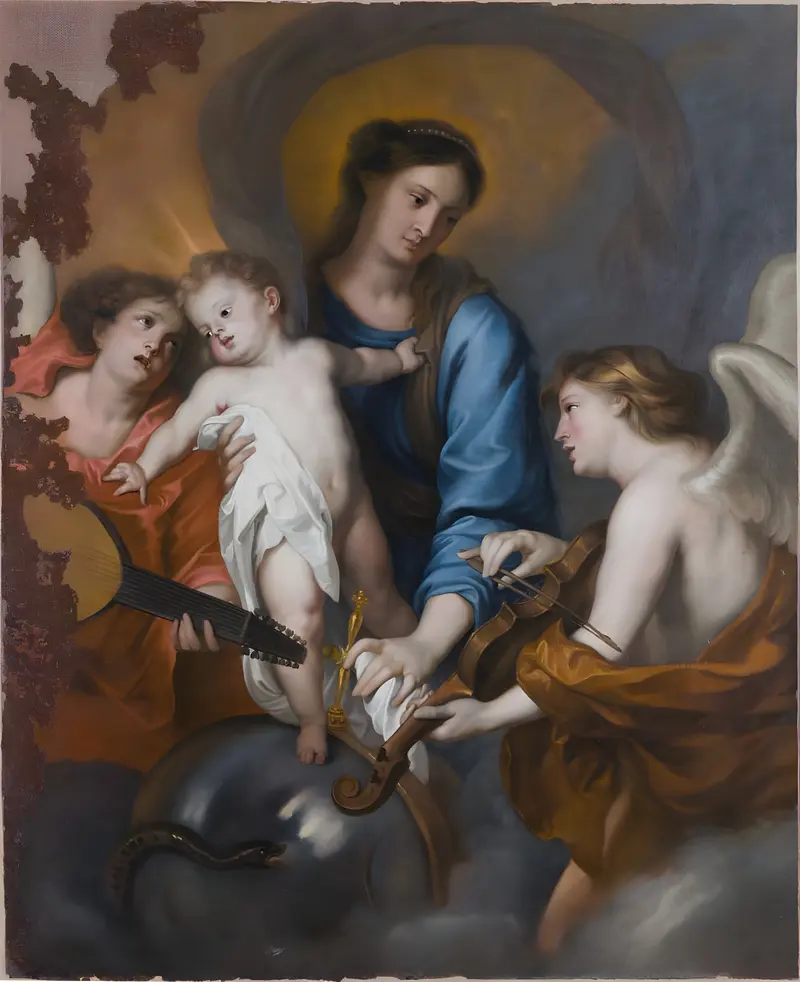 A serene depiction of the Madonna and Child with angels, showcasing gentle expressions and a soft golden light.