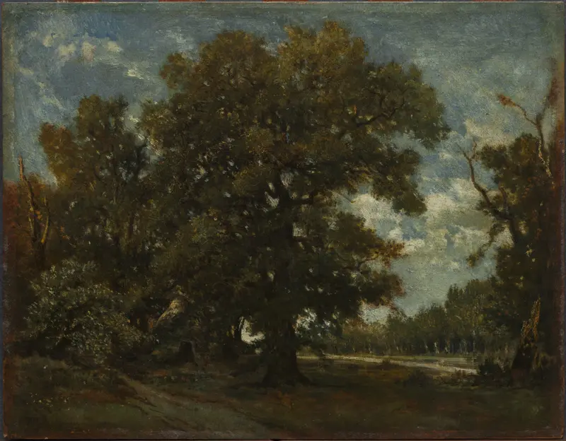 Oil on canvas by Théodore Rousseau depicting an oak tree in a tranquil landscape