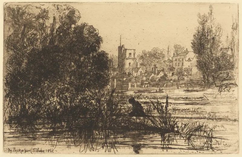 Etching of By Twickenham by Francis Seymour Haden, featuring a river and trees with dappled light.