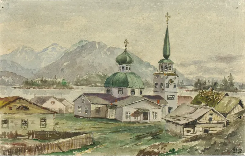 Rear view of a Greek church, oil painting by Theodore J. Richardson
