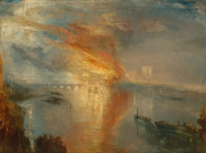 A fiery blaze engulfs buildings by a river, with smoke rising into a night sky and crowds and boats watching from the riverbanks.
