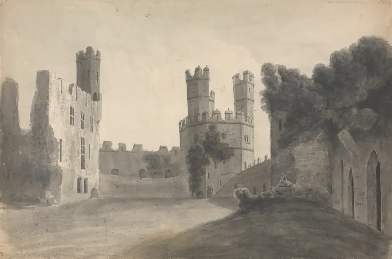 Caernarvon Castle by Isaac Weld, oil painting depicting towers against a soft sky.