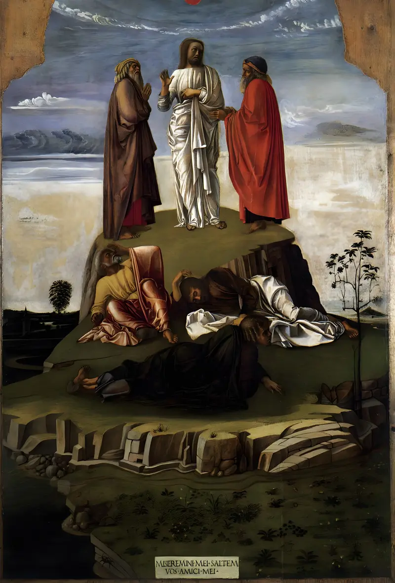 Giovanni Bellini's 'Transfiguration of Christ' depicts the moment of Christ's transfiguration with Moses and Elijah.
