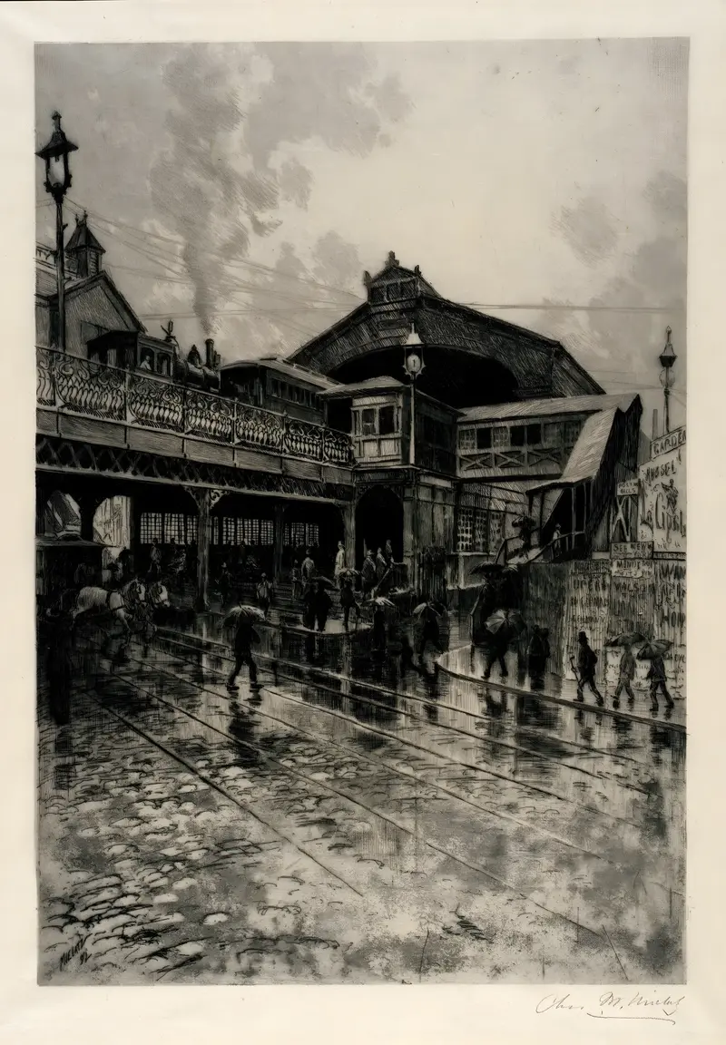 Entrance to Brooklyn Bridge, etching by Charles Frederick William Mielatz, depicting twilight over the city.