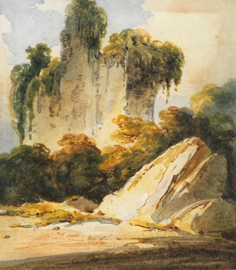 Rocks and overgrown masonry in Bengal by George Chinnery, oil painting