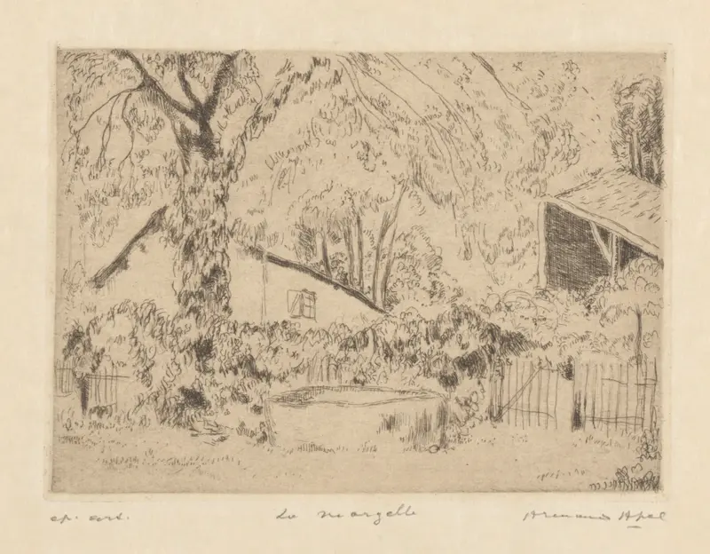A quiet well surrounded by foliage, with a rustic building in the background, depicted in soft, searching lines.