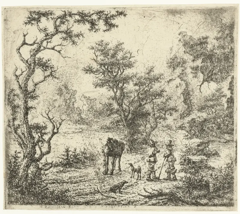 Landschap met twee mannen, een paard en twee honden, etching by Claes van Beresteyn