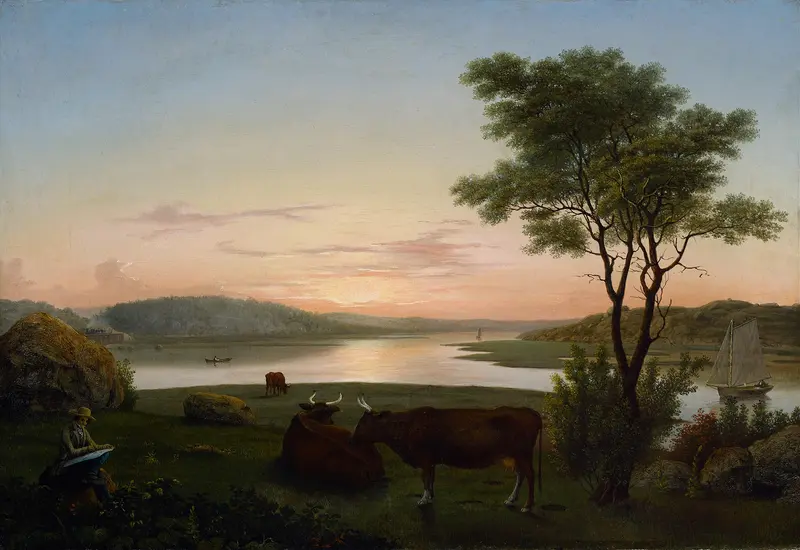 New England Inlet with Self-Portrait, oil on canvas by Fitz Henry Lane