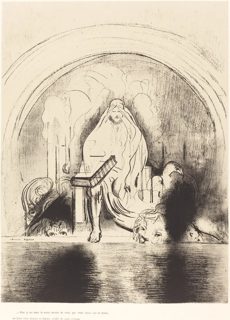 A painting by Odilon Redon depicting a figure holding a book sealed with seven seals.