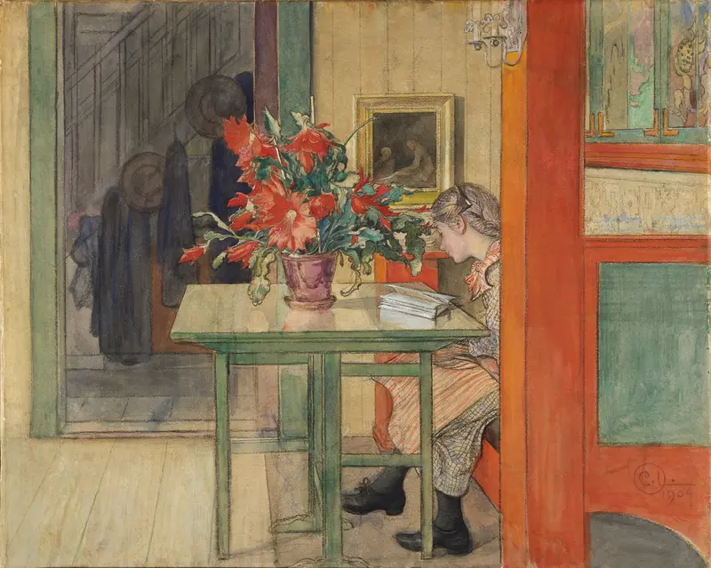 A serene depiction of a woman reading in a sunlit room.