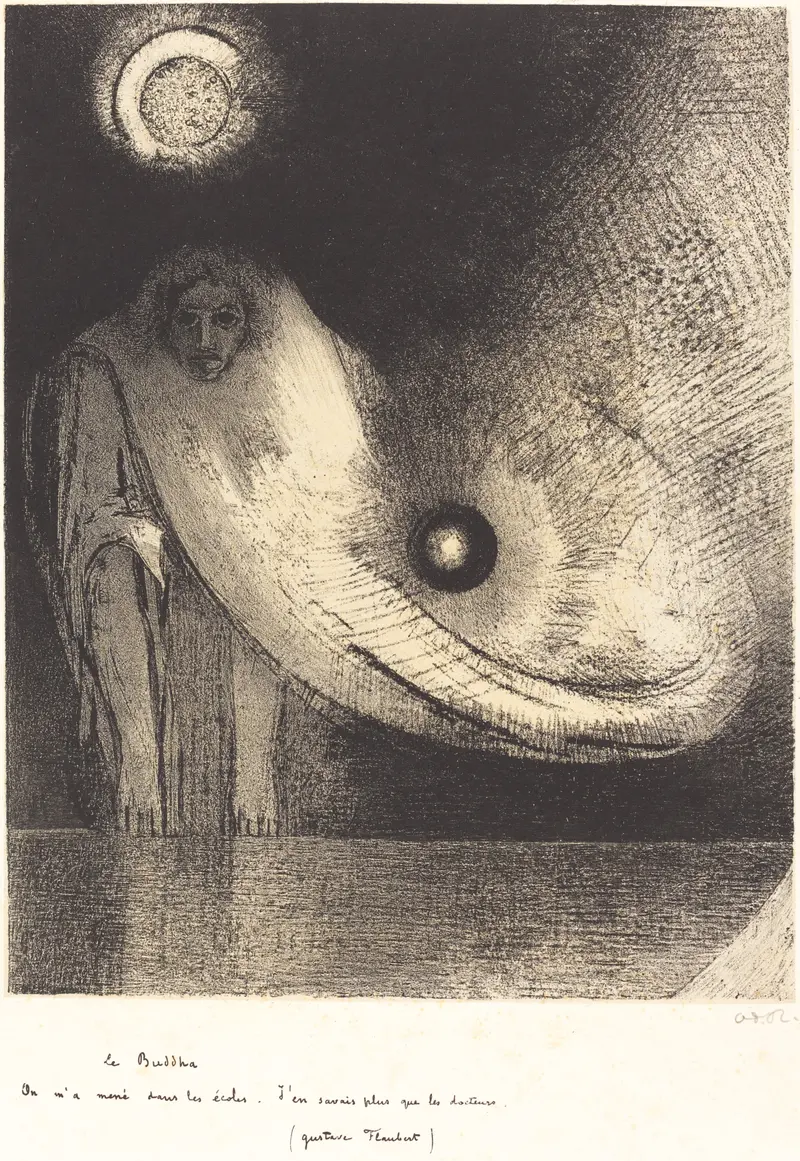 Odilon Redon's 'Le Buddha' features a serene figure of Buddha surrounded by a dreamlike atmosphere.