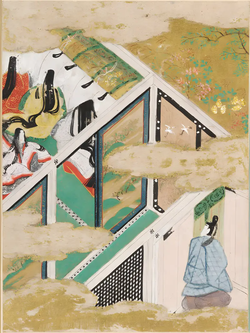 Gold illustration by Tosa Mitsunobu depicting figures in a scene of light and emotion.