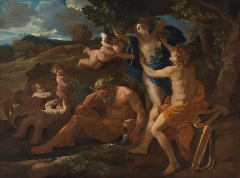 A golden-haired man kneels grasping a young woman draped in blue as branches sprout from her fingers, with a winged figure aiming an arrow above them.