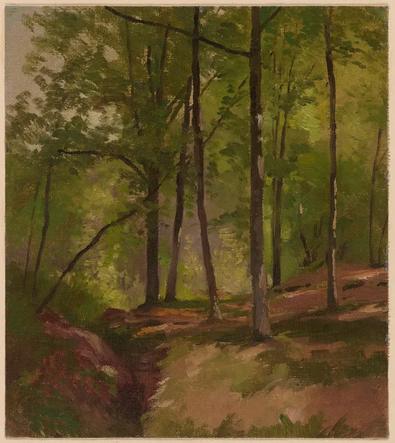 Inside the Forest by Theodor Blache, depicting a serene forest scene with soft light.