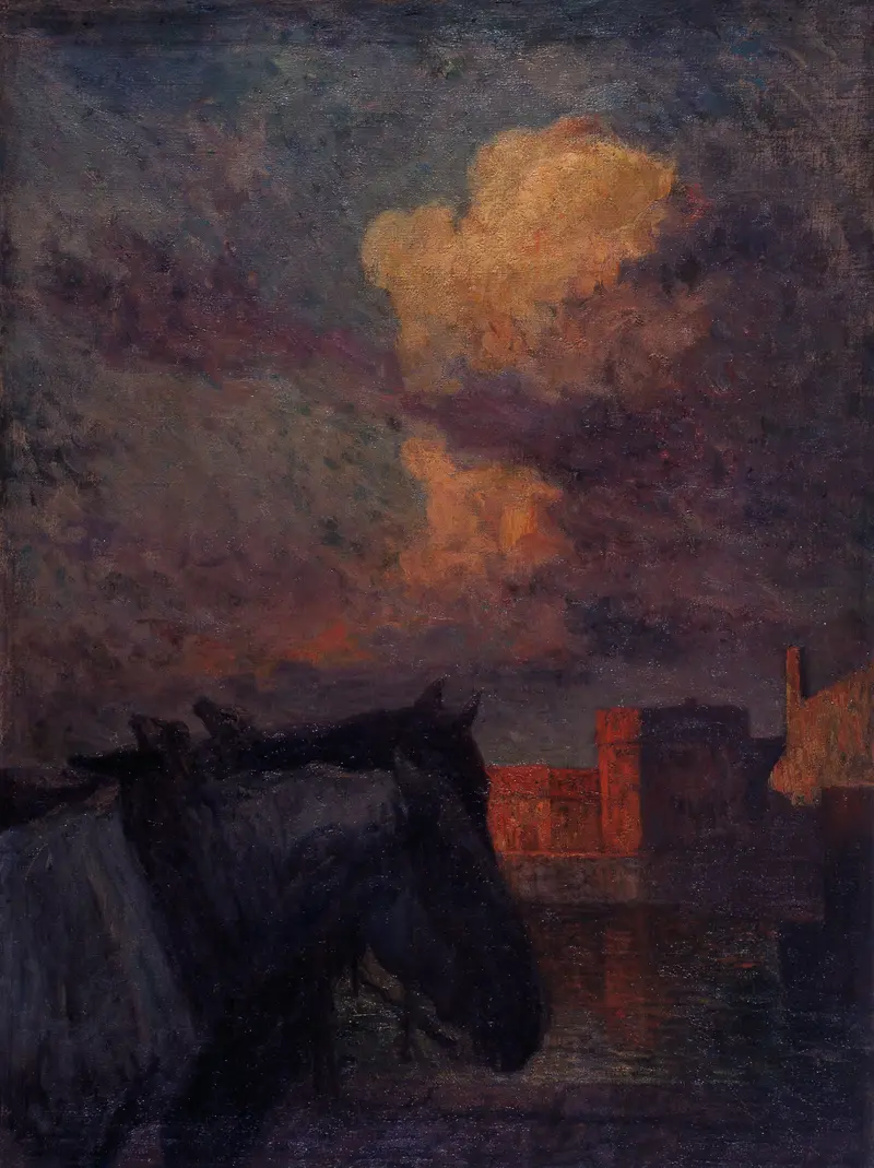 Evening Glow by Jean Delvin, oil on canvas, depicting a serene landscape at dusk.