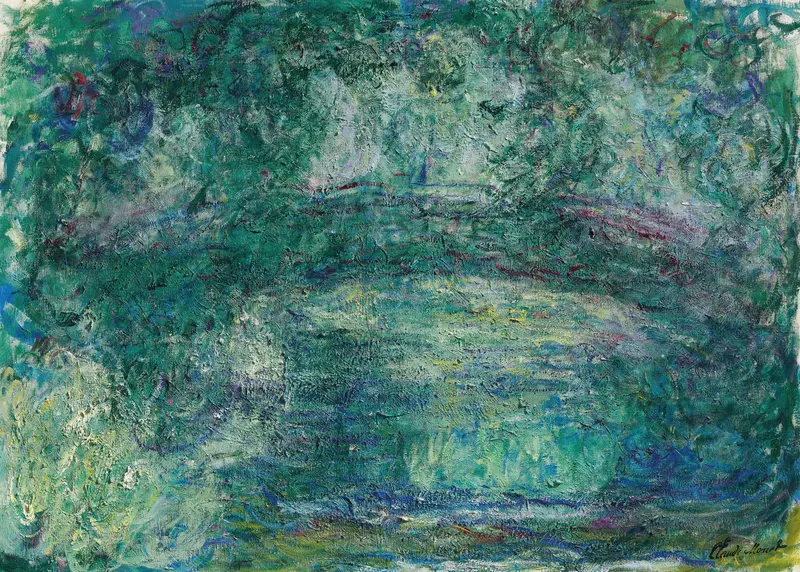 Le pont japonais by Claude Monet, oil painting of a bridge in a lush garden landscape.