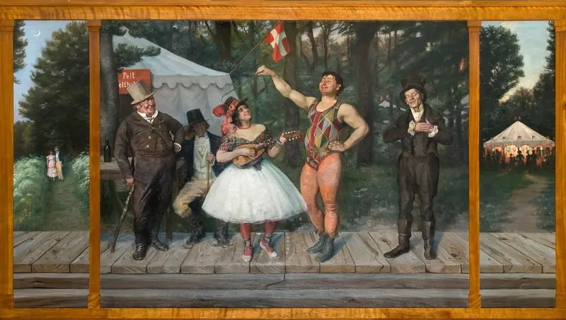 A lively theatrical scene featuring performers beneath the Danish flag, with a strongman, a woman playing a mandolin, and various spectators.