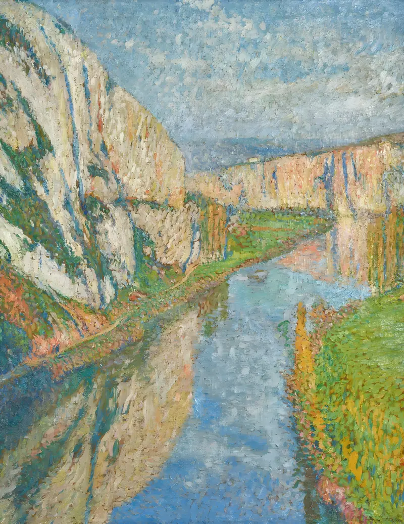 Landscape of fields and cliffs in Le lot aux pieds des falaises de Saint-Cirq-Lapopie by Henri Martin, oil painting.