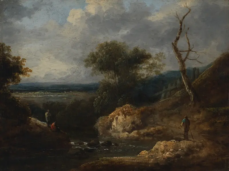 Small Landscape by Thomas Barker, oil on canvas depicting a lush meadow with trees and dappled light.