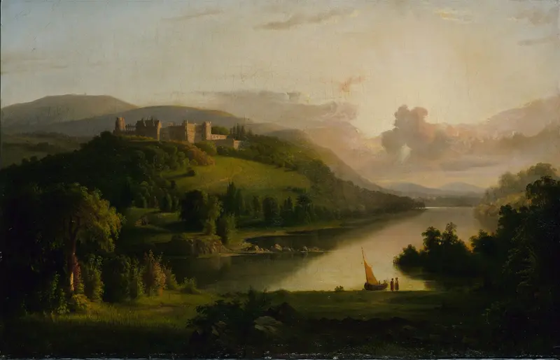 Scotch Highlands by Robert S. Duncanson, oil painting of rolling hills and a solitary tree.