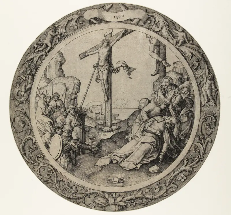 Engraving by Lucas van Leyden depicting the crucifixion with figures against a pale sky.