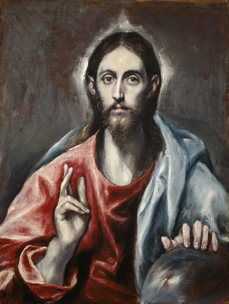 A waist-up figure of Christ with long hair and beard raises his right hand in blessing and rests his left on a transparent globe, wearing red and blue robes against a dark background.