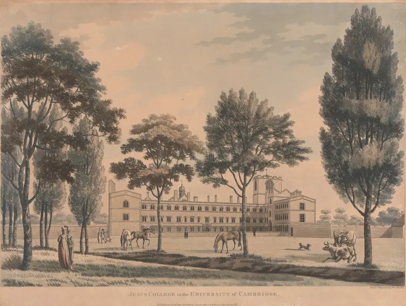 Watercolour by Thomas Malton the Younger depicting intricate architecture of Cambridge University; Jesus College.