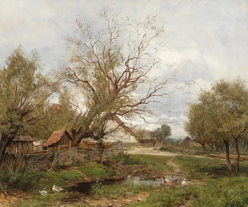 Idyll by Ernestine von Kirchsberg, oil painting depicting a serene landscape with soft hues.
