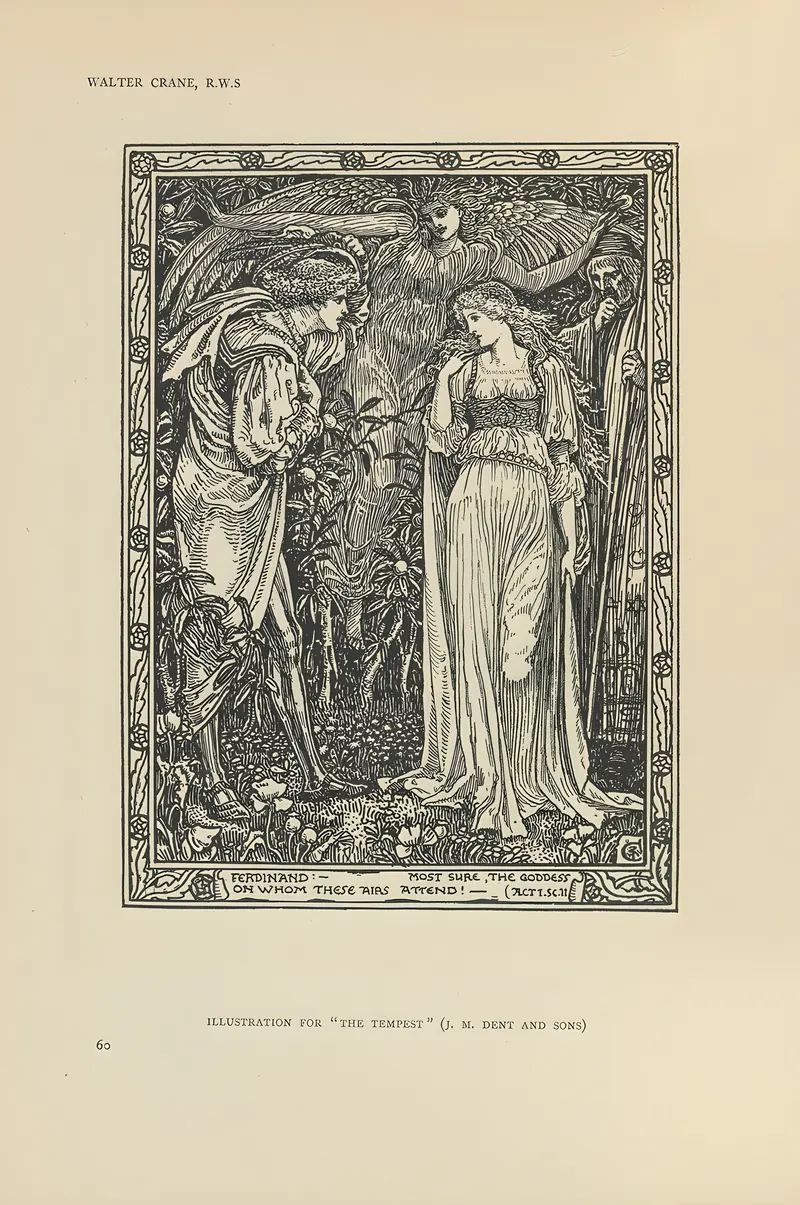 Walter Crane's 'Illustration for The Tempest' captures a scene from Shakespeare's play with vibrant colors and intricate details.