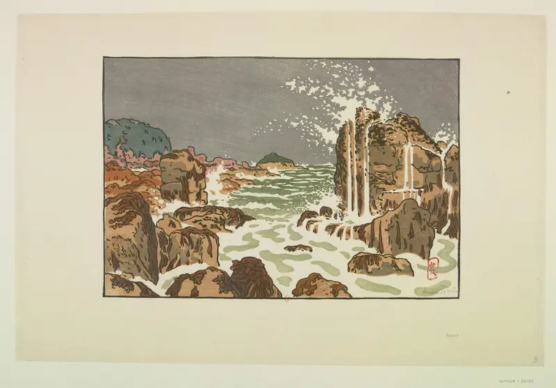 Henri Rivière's painting captures the dynamic movement of waves crashing against the shore.