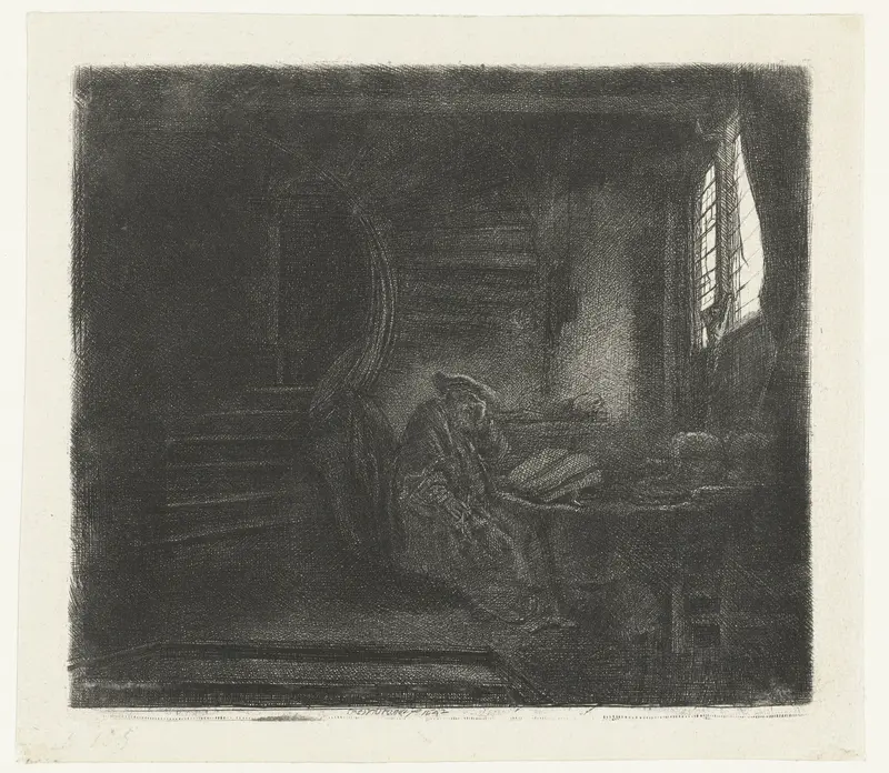 Etching by Rembrandt van Rijn of St Jerome in a dark chamber surrounded by books.