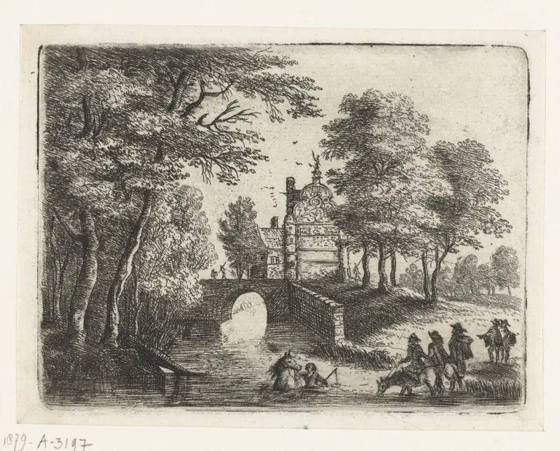 Landschap met een rivier, een brug en ruiters etching by Lucas van Uden